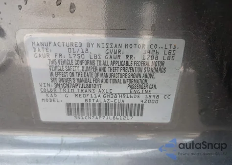 2018 Nissan Versa 1.6 S+ from USA, damaged, VIN 3N1CN7AP7JL861217